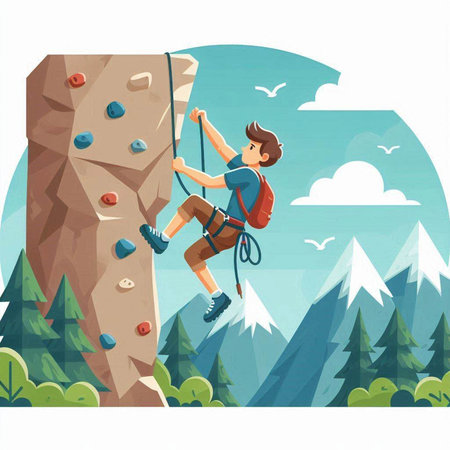 Young man climbing a rock wall in the mountains. Vector illustration.のイラスト素材
