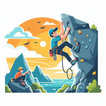 Climbing flat vector illustration. Cartoon rock climber on the cliff.のイラスト素材