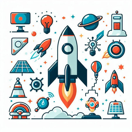 Startup flat line icons set. Vector illustration of rocket, spaceship, spaceship, lightbulb, solar battery, telescope, stopwatch, satellite, clock, helmet, watch, hourglass, timer, computer monitorのイラスト素材