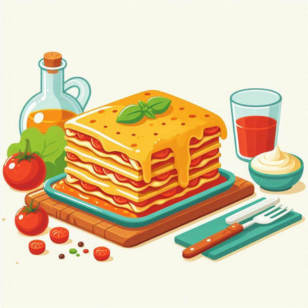 Illustration of lasagna with tomato sauce, basil and olive oilのイラスト素材