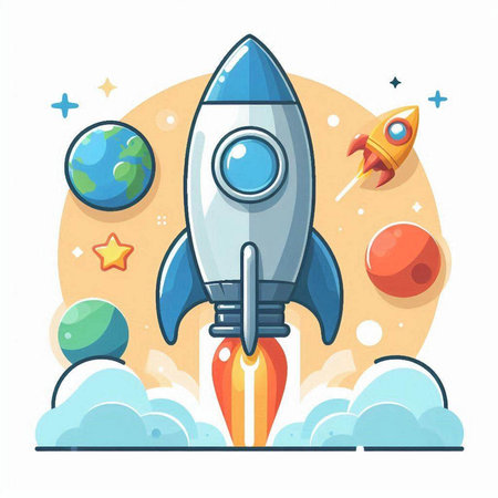 Rocket in the space. Vector illustration in flat cartoon style. Isolated on white background.のイラスト素材