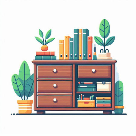 Bookshelf with books and plants. Flat style vector illustration.のイラスト素材
