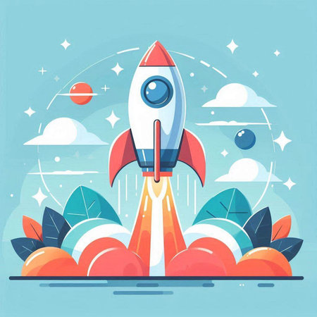 Rocket launch. Start up business concept. Flat design vector illustration.のイラスト素材