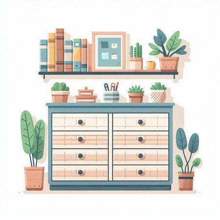 Vector illustration of a shelf with books and plants in a flat styleのイラスト素材