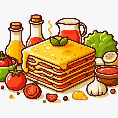 Illustration of a stack of lasagna with tomato sauce and ingredientsのイラスト素材