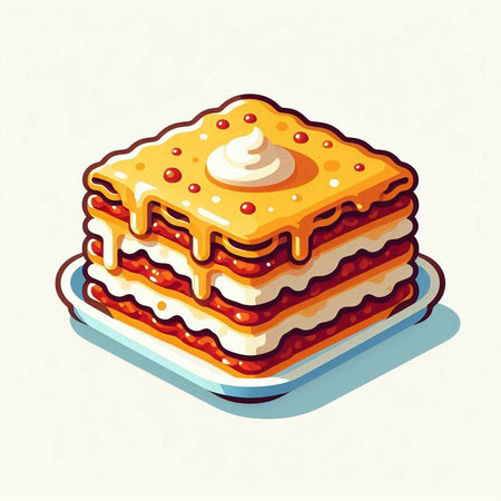 Illustration of a stack of lasagna with cream on a plateのイラスト素材