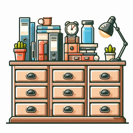 Illustration of a cabinet with books, lamp and other objects.のイラスト素材