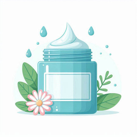 Vector illustration of cosmetic jar with cream and flowers on a white background.のイラスト素材