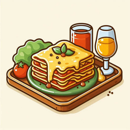 Illustration of a stack of lasagna and a glass of wineのイラスト素材