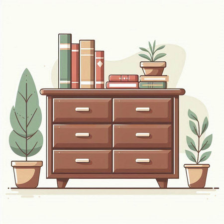 Vector illustration of a chest of drawers with books and plants.のイラスト素材