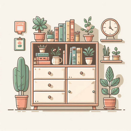 Illustration of a cozy home interior with bookshelf and plants.のイラスト素材