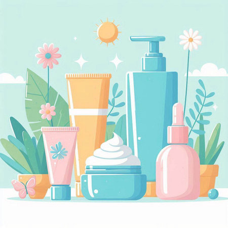 Vector illustration of cosmetic products on a green background. Flat style.のイラスト素材