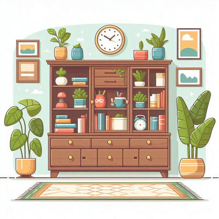 Illustration of a cozy living room interior with bookshelves, shelves, plants and clocksのイラスト素材