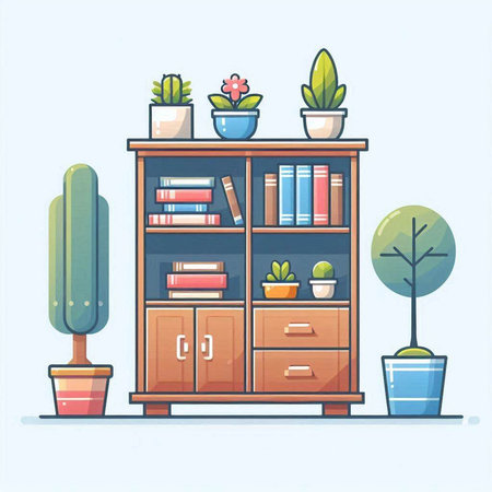 Bookshelf with books and plants. Vector illustration in flat styleのイラスト素材