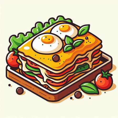 Illustration of lasagna with fried egg, tomato and lettuce.のイラスト素材