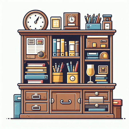 Bookshelf with books, pencils and clock. Vector illustration.のイラスト素材