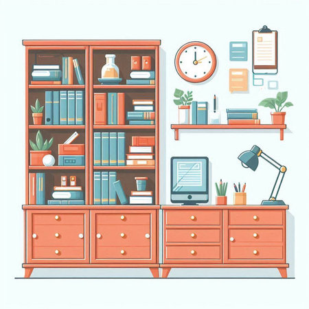 Bookshelf with books and office supplies. Vector illustration in flat styleのイラスト素材