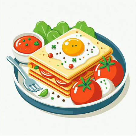 Breakfast with fried egg, tomato and salad. Vector illustration.のイラスト素材