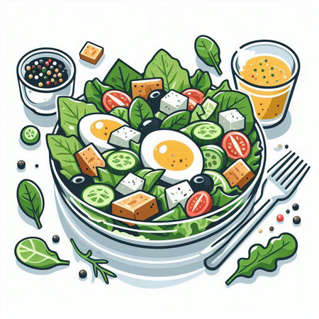 Healthy salad with cheese, tomato, cucumber, lettuce and olives. Vector illustration.のイラスト素材
