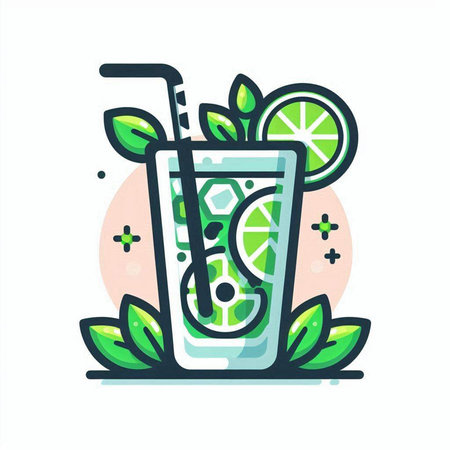 Cocktail icon with lime and mint. Vector illustration in flat styleのイラスト素材
