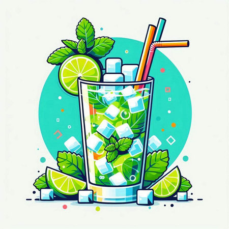 Mojito cocktail with lime, mint and ice cubes. Vector illustration.のイラスト素材