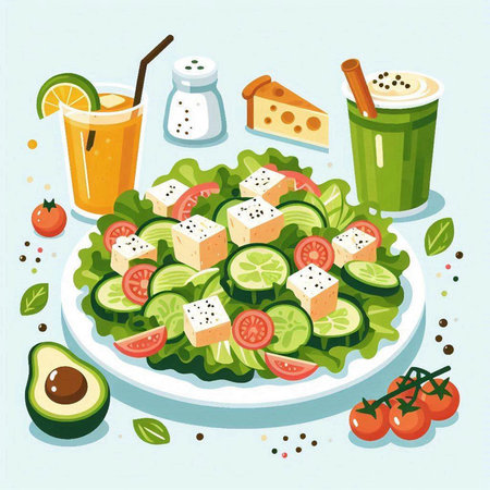 Healthy salad with feta cheese, cucumber, tomato, avocado and orange juiceのイラスト素材