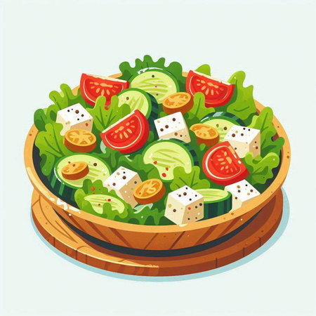 Salad with cucumber, tomato and cheese. Vector illustration.のイラスト素材
