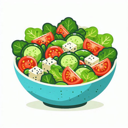 Fresh vegetable salad in a bowl isolated on white background. Vector illustration.のイラスト素材