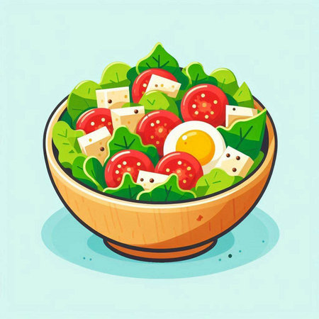 Salad in wooden bowl. Vector illustration of salad in cartoon style.のイラスト素材