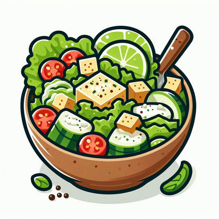 Illustration of a bowl of salad with cheese, tomato and cucumberのイラスト素材