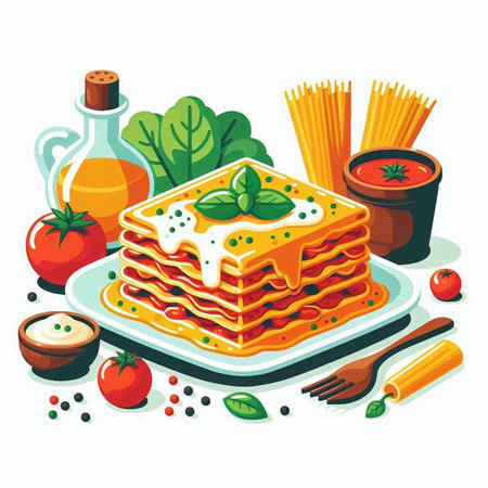 Illustration of lasagna with tomato sauce, basil, cheese and olive oilのイラスト素材