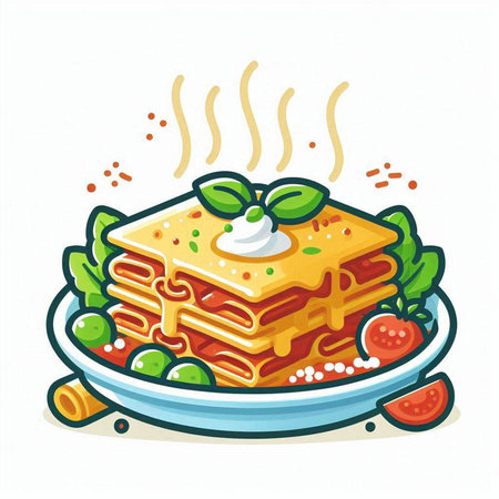 Illustration of a stack of lasagna on a plate. Vector illustration.のイラスト素材