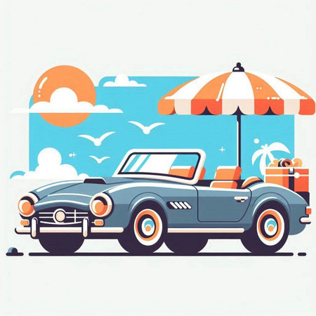 Retro car on the beach. Vector illustration in retro style.のイラスト素材