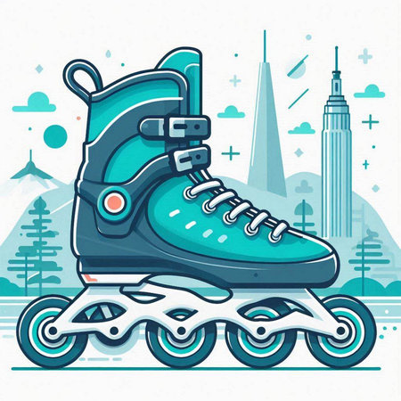 Roller skates on the background of the city. Vector illustration.のイラスト素材