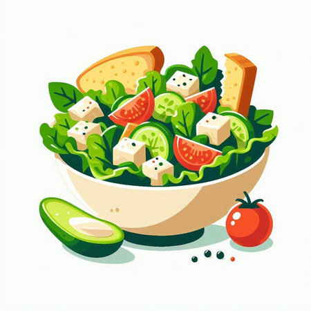Salad with feta cheese, tomatoes and spinach. Vector illustration.のイラスト素材
