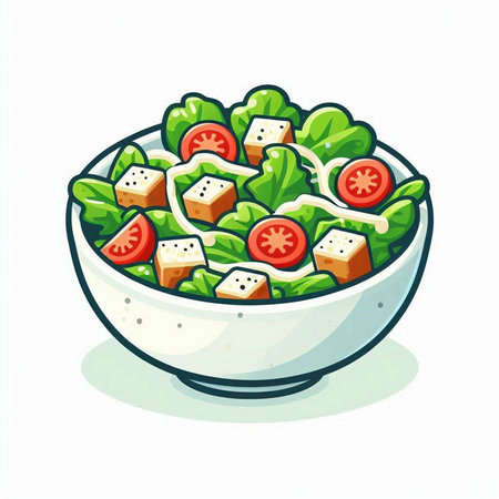 Salad with cheese and tomato in a bowl. Vector illustration.のイラスト素材