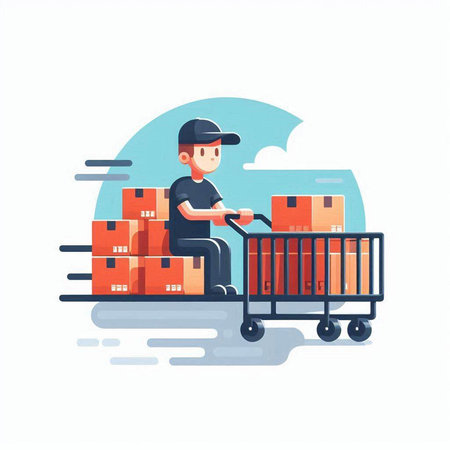 Delivery man with boxes in trolley. Flat design vector illustration.のイラスト素材