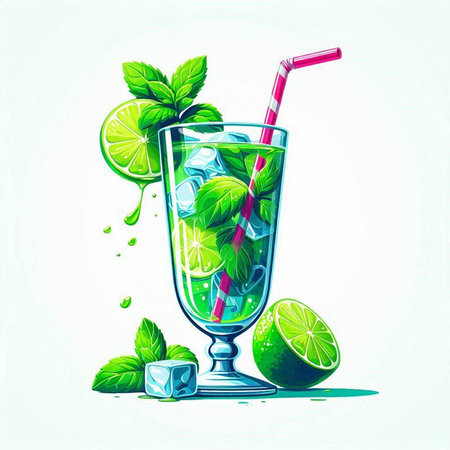 Mojito cocktail with lime, mint and ice. Vector illustration.のイラスト素材