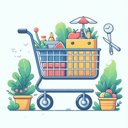 Illustration of shopping cart with food and items. Vector illustration.のイラスト素材