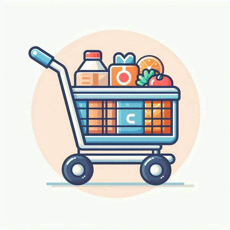 Shopping cart with food. Vector illustration in a flat style.のイラスト素材