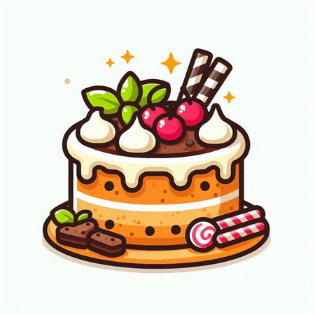 Cake vector illustration. Cute cartoon sweet dessert with whipped cream, chocolate and cherries.のイラスト素材