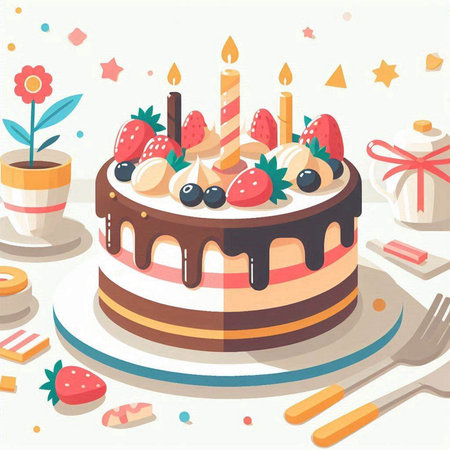 Birthday cake with candles and berries. Flat style vector illustration.のイラスト素材