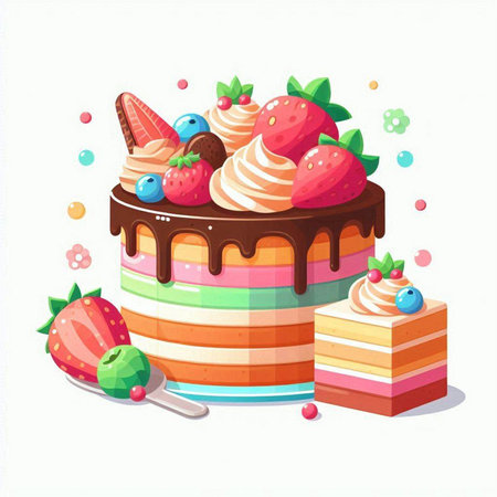 Illustration of a chocolate cake with strawberries, cream and candiesのイラスト素材