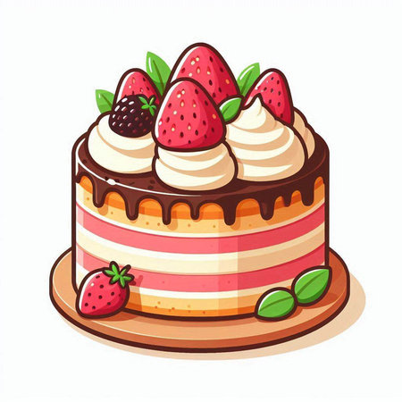 Cake with cream and strawberries on a white background. Vector illustration.のイラスト素材