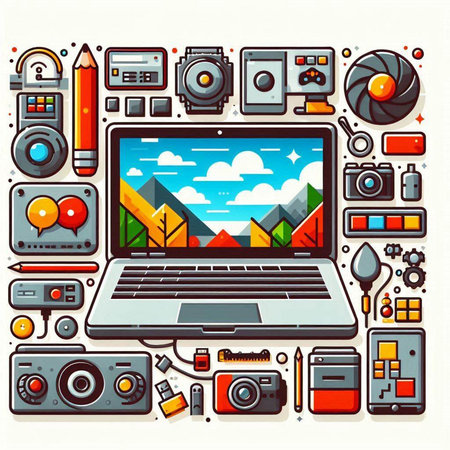 Vector illustration of a laptop with different media equipment in the background.のイラスト素材