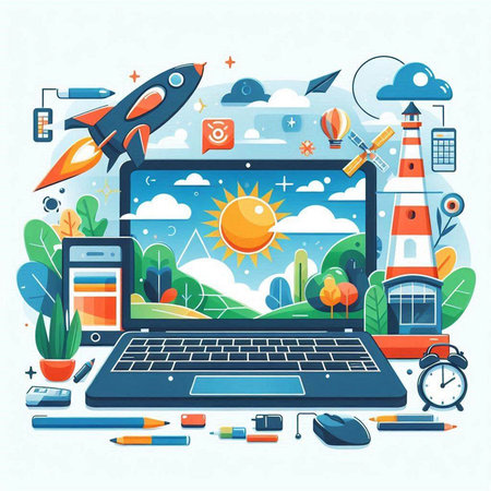 Laptop computer with flat design elements. Laptop, rocket, lighthouse, solar panels, solar panels, solar panels, solar panels. Vector illustration.のイラスト素材