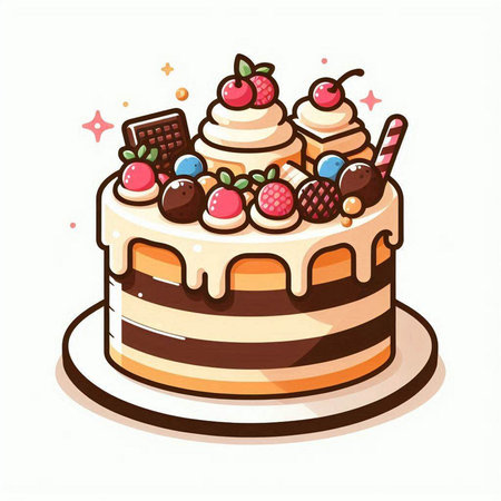 Vector illustration of a cake with cherries, strawberries, blueberries and chocolateのイラスト素材