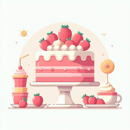 Vector illustration of a sweet cake with strawberries and lollipopsのイラスト素材