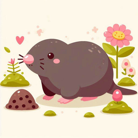 Illustration of a cute little mole on a background of flowers.のイラスト素材