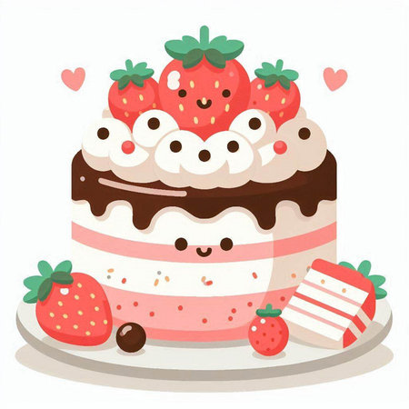 Cake with strawberries on a white background. Vector illustration in cartoon style.のイラスト素材